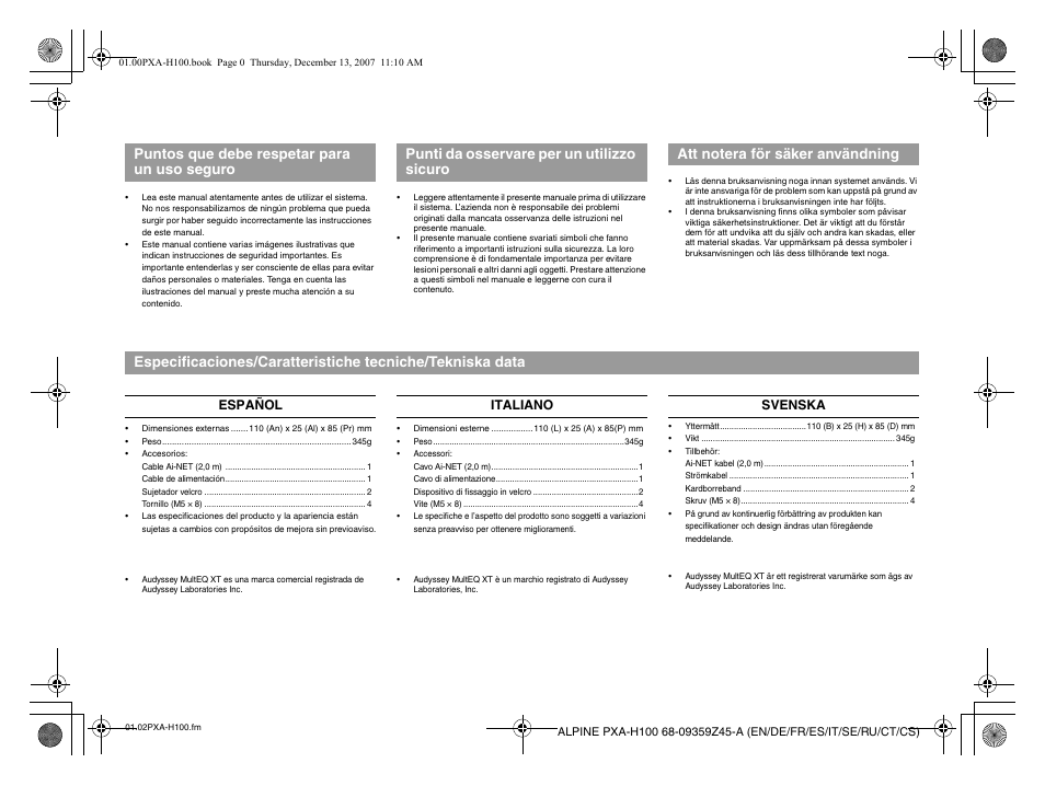 Español italiano svenska | Alpine PXA-H100 User Manual | Page 19 / 46
