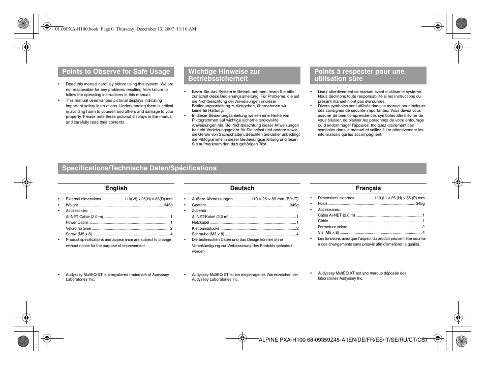 Specifications/technische daten/spécifications, English deutsch français | Alpine PXA-H100 User Manual | Page 2 / 46