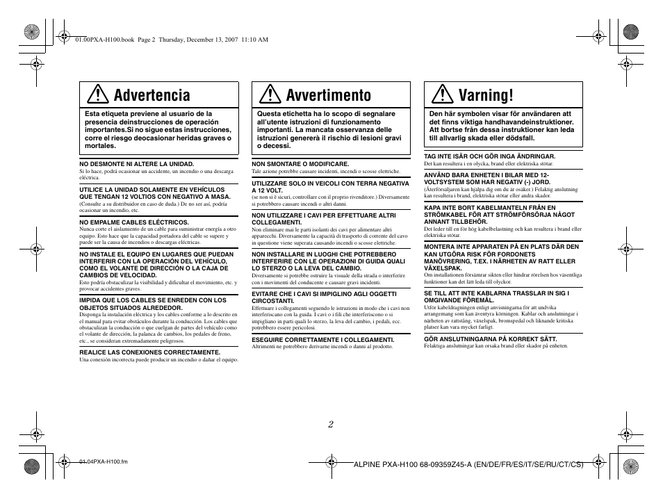 Advertencia, Avvertimento, Varning | Alpine PXA-H100 User Manual | Page 21 / 46