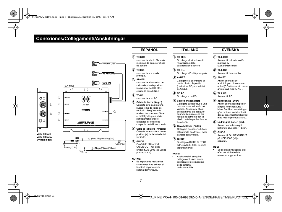 Conexiones/collegamenti/anslutningar, Español italiano svenska | Alpine PXA-H100 User Manual | Page 26 / 46