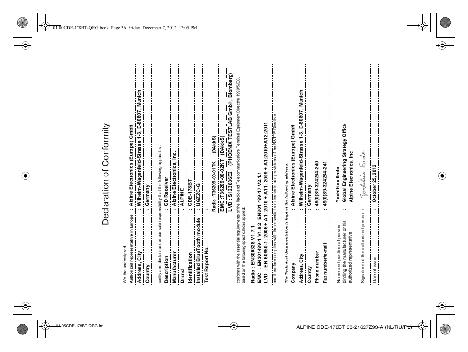 Declaration of conformity | Alpine iDE-178BT User Manual | Page 110 / 112