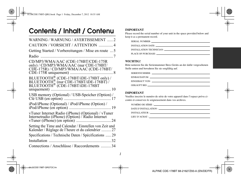Contents / inhalt / contenu | Alpine iDE-178BT User Manual | Page 3 / 112
