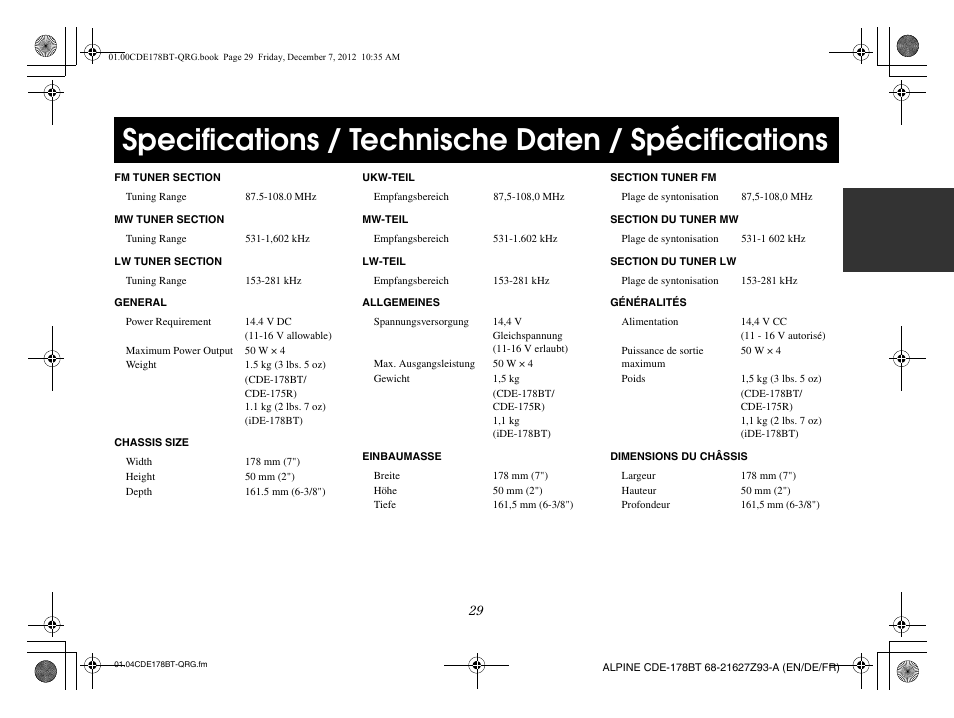 Specifications / technische daten / spécifications | Alpine iDE-178BT User Manual | Page 31 / 112