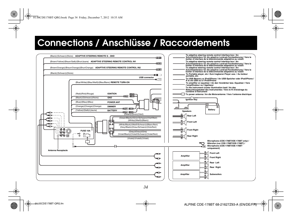 Connections / anschlüsse / raccordements | Alpine iDE-178BT User Manual | Page 36 / 112