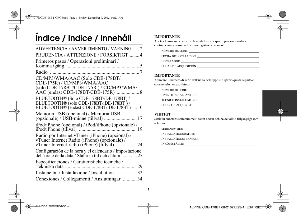 Índice / indice / innehåll | Alpine iDE-178BT User Manual | Page 39 / 112