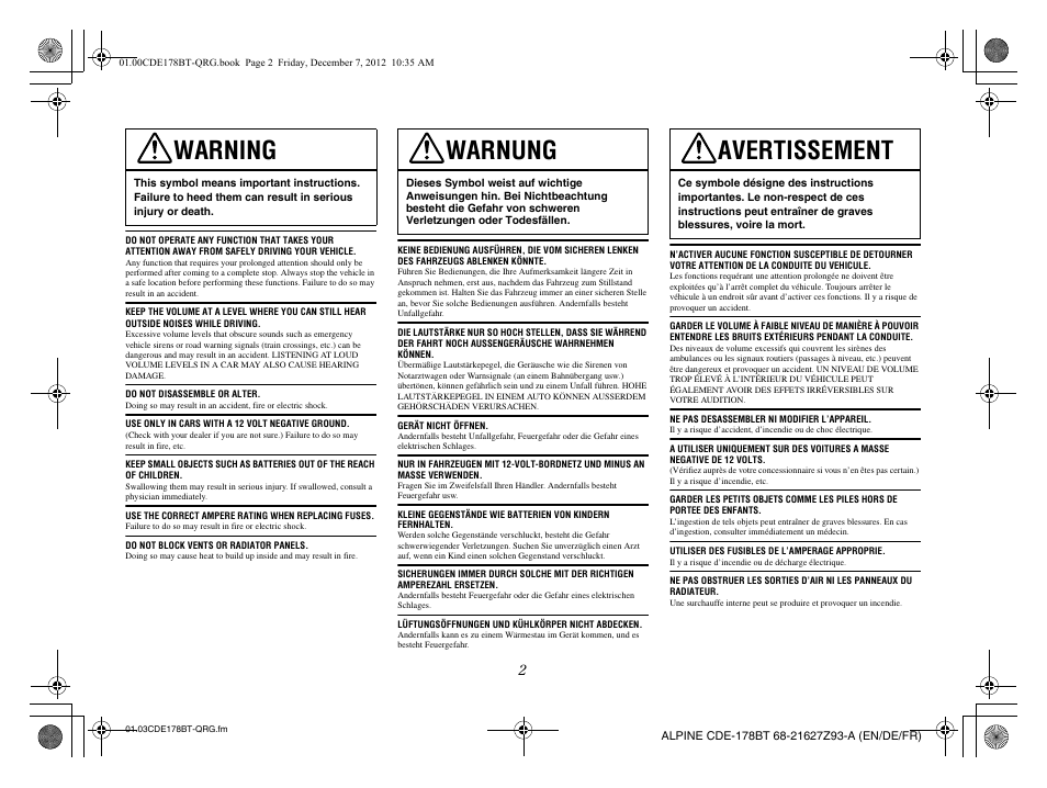 Warning, Warnung, Avertissement | Alpine iDE-178BT User Manual | Page 4 / 112