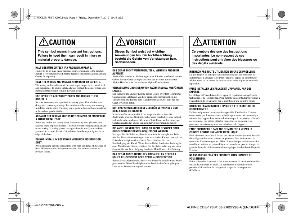 Caution, Vorsicht, Attention | Alpine iDE-178BT User Manual | Page 6 / 112