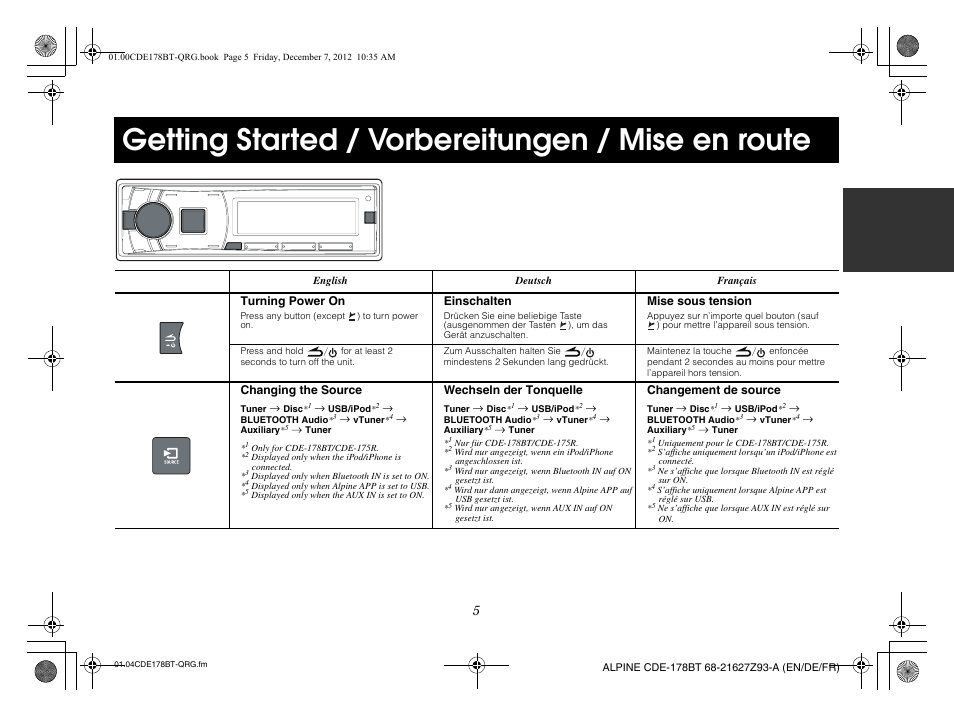 Getting started / vorbereitungen / mise en route | Alpine iDE-178BT User Manual | Page 7 / 112