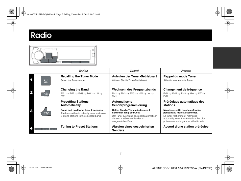 Radio | Alpine iDE-178BT User Manual | Page 9 / 112