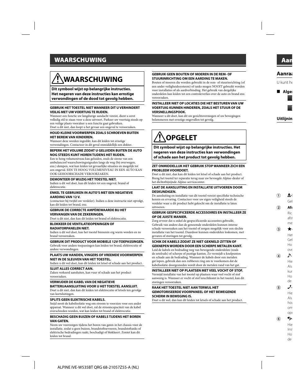 Opgelet, Waarschuwing, Aanraa | Alpine IVE-W535BT User Manual | Page 100 / 164