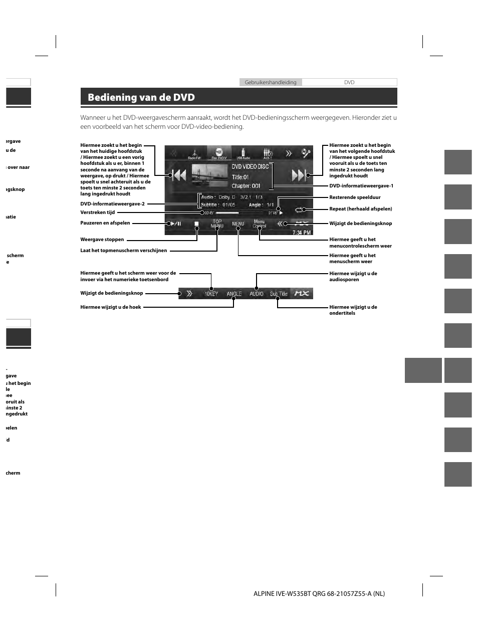 En de fr es it se nl ru pl gr, Bediening van de dvd | Alpine IVE-W535BT User Manual | Page 105 / 164