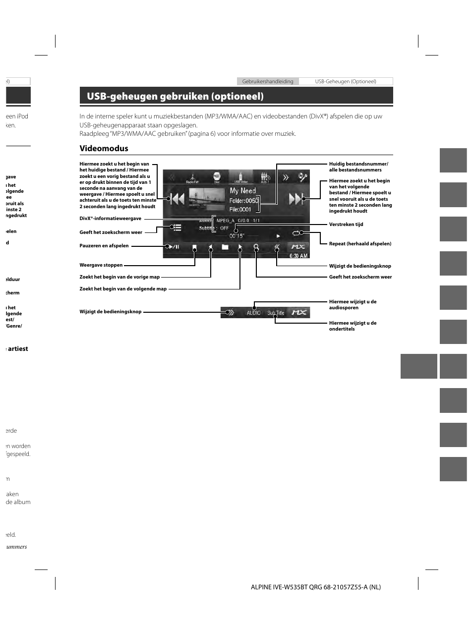 En de fr es it se nl ru pl gr, Usb-geheugen gebruiken (optioneel), Videomodus | Alpine IVE-W535BT User Manual | Page 107 / 164