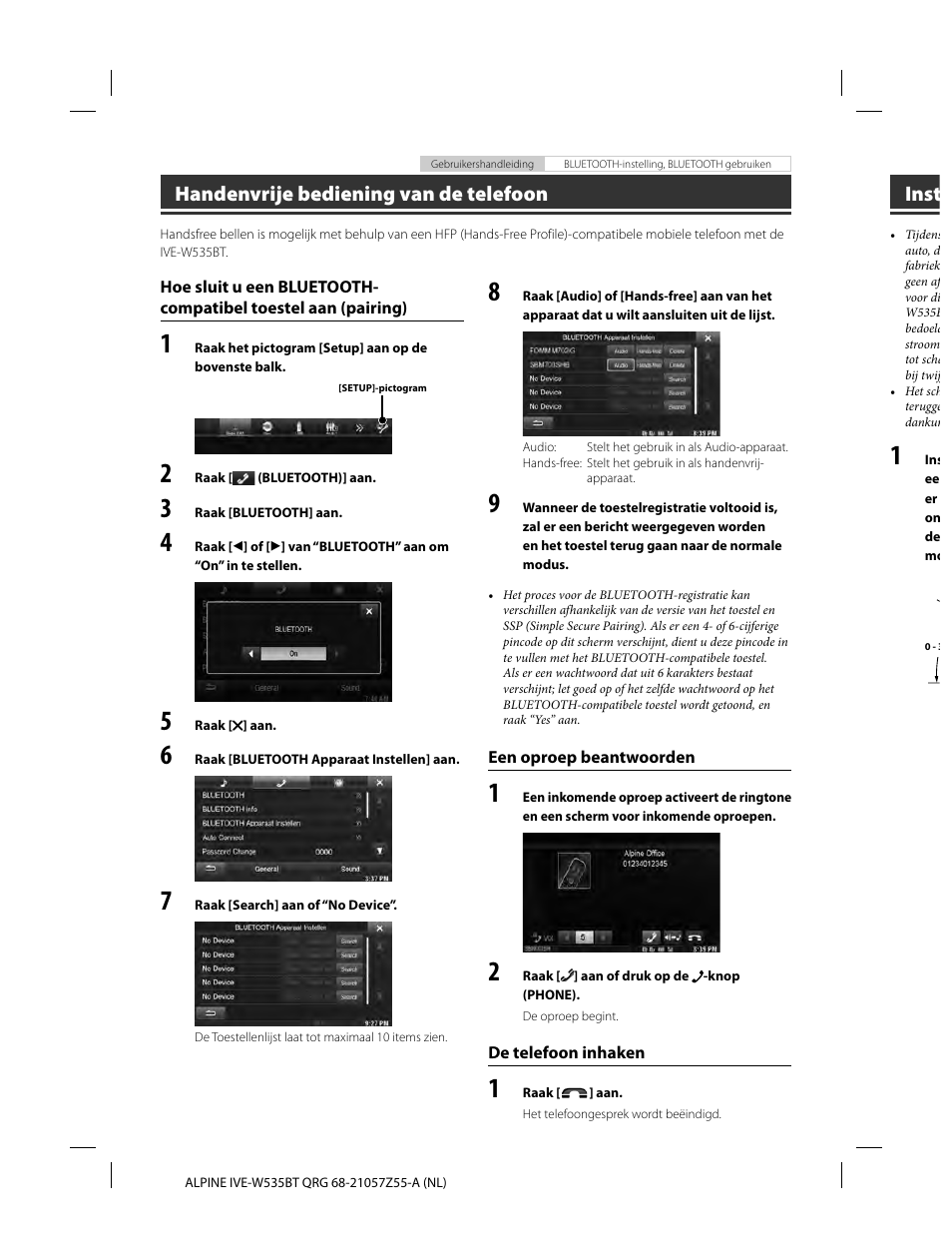 Handenvrije bediening van de telefoon, Inst | Alpine IVE-W535BT User Manual | Page 108 / 164