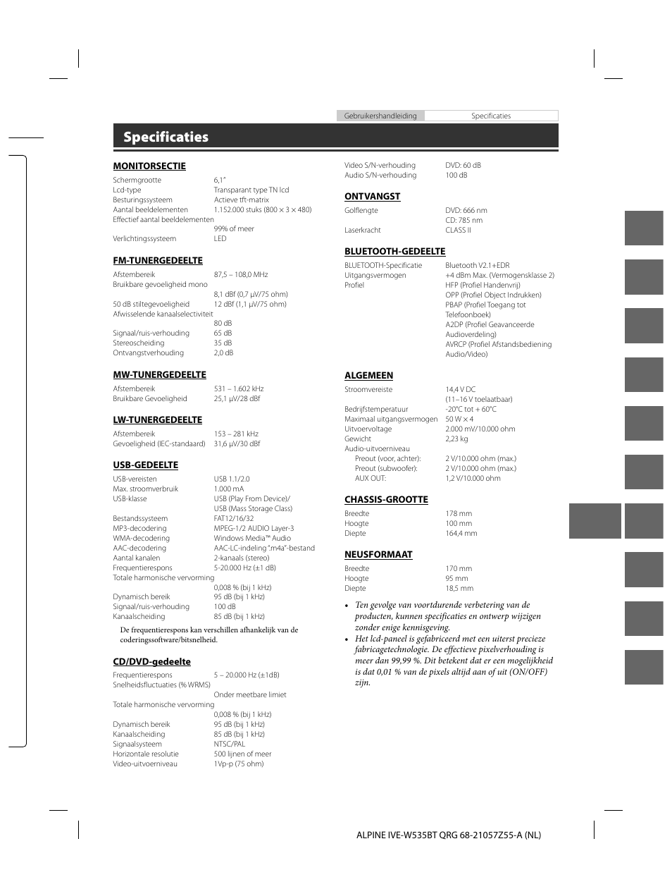 En de fr es it se nl ru pl gr, Specificaties | Alpine IVE-W535BT User Manual | Page 113 / 164