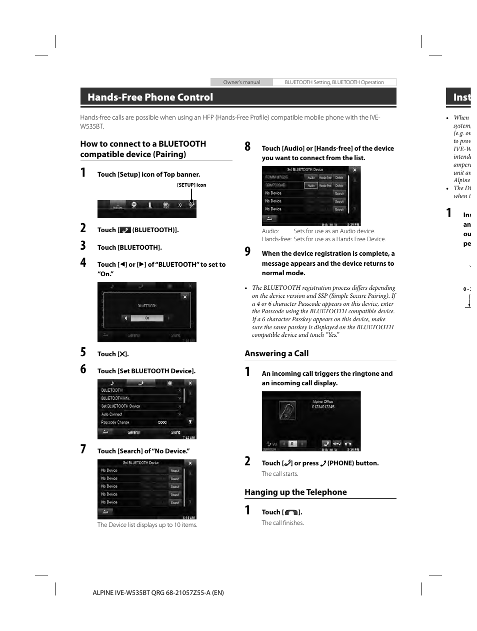 Hands-free phone control, Inst | Alpine IVE-W535BT User Manual | Page 12 / 164