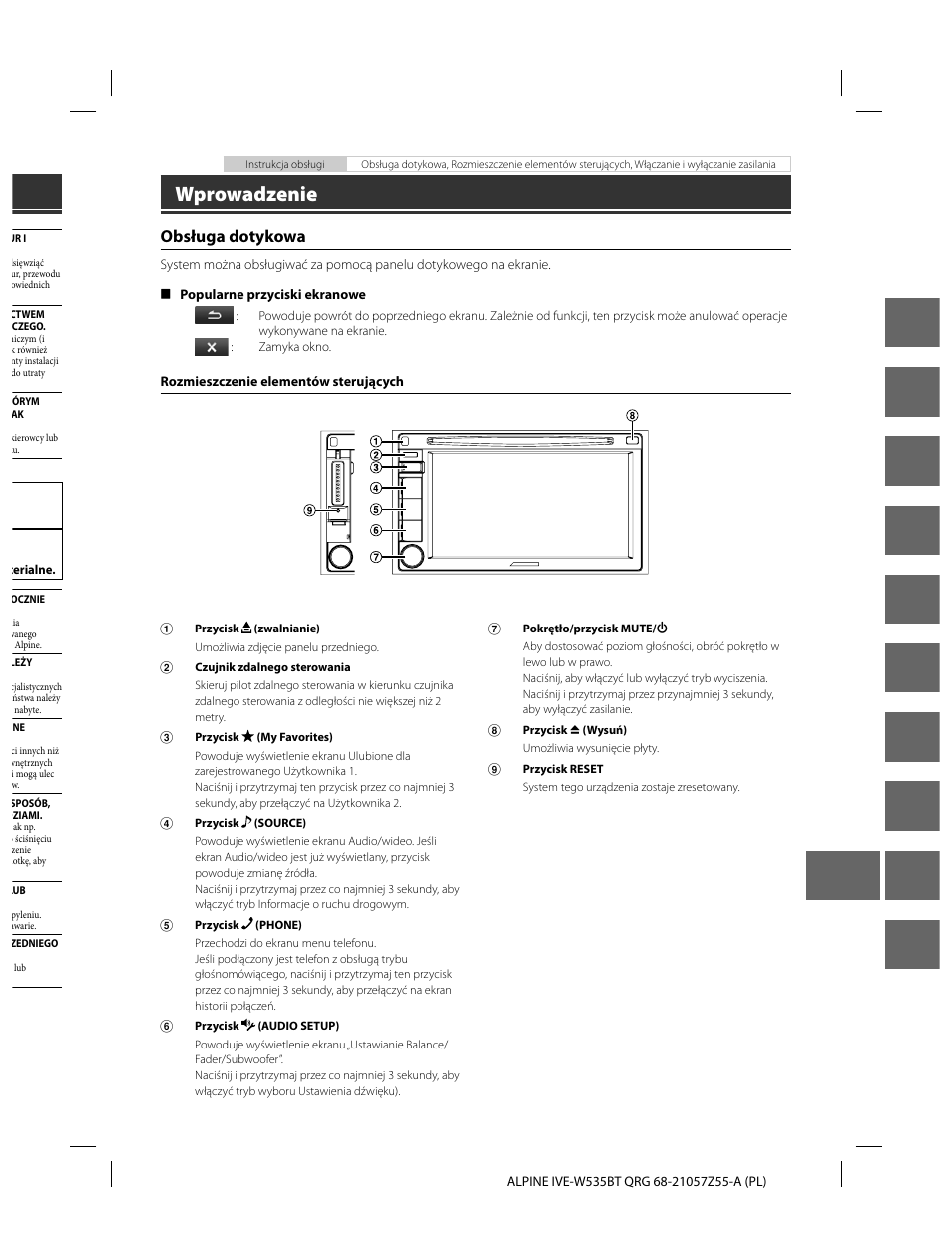 En de fr es it se nl ru pl gr, Wprowadzenie, Obsługa dotykowa | Alpine IVE-W535BT User Manual | Page 133 / 164