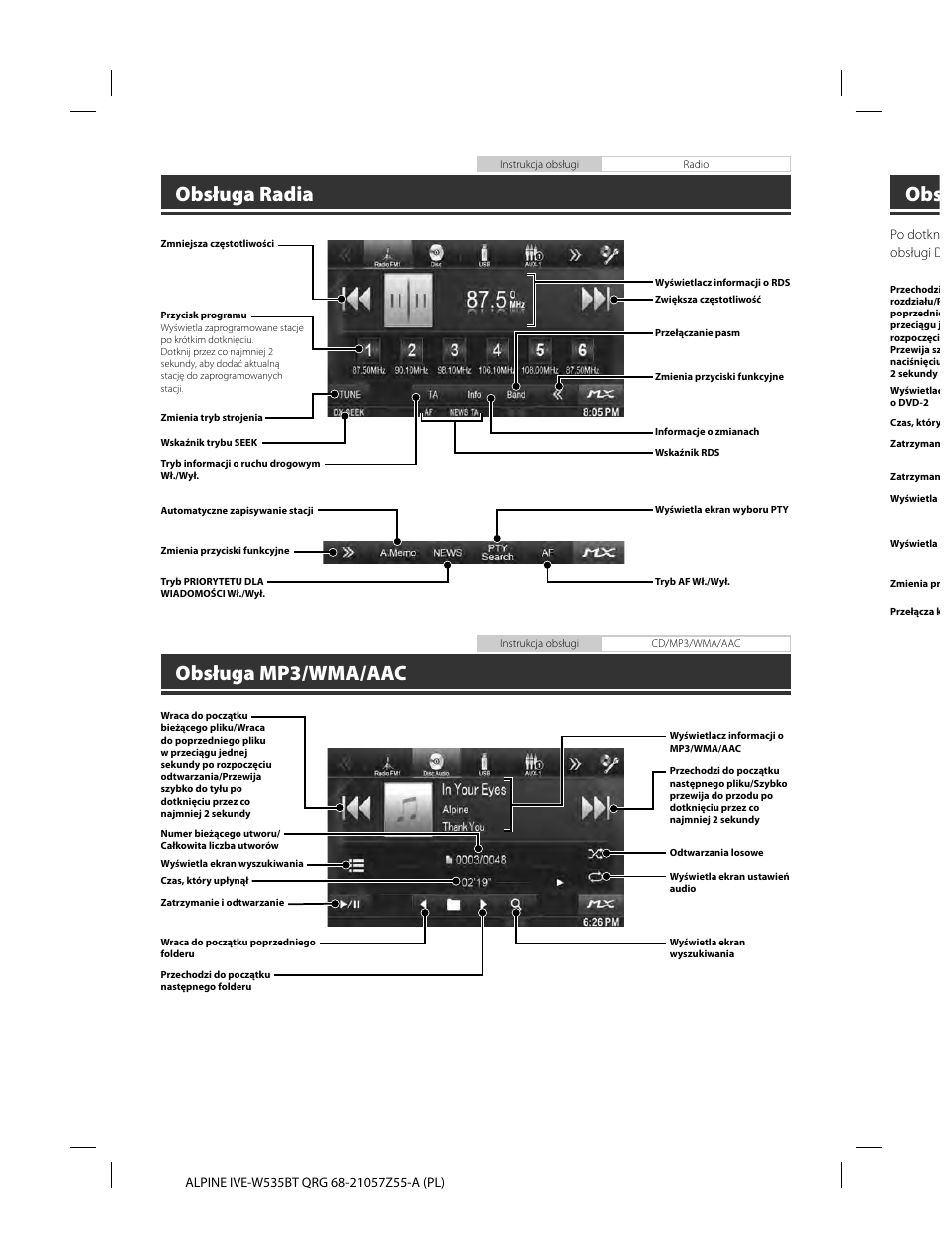 Obsługa radia, Obsługa mp3/wma/aac | Alpine IVE-W535BT User Manual | Page 136 / 164