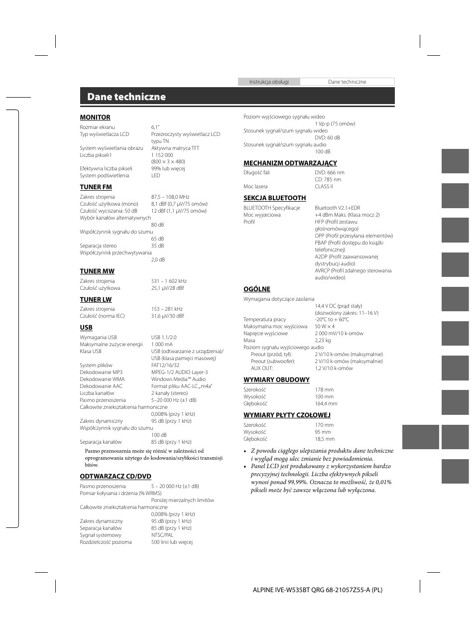 En de fr es it se nl ru pl gr, Dane techniczne | Alpine IVE-W535BT User Manual | Page 145 / 164