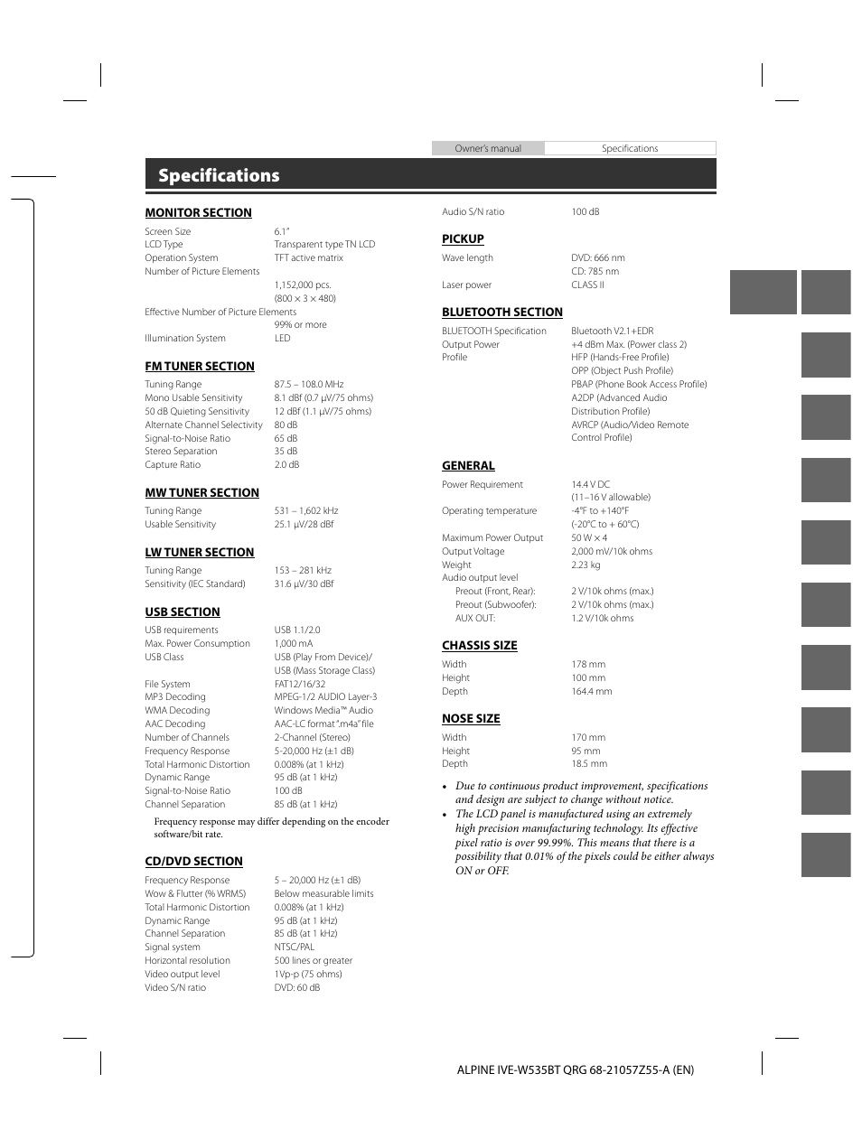 En de fr es it se nl ru pl gr, Specifications | Alpine IVE-W535BT User Manual | Page 17 / 164