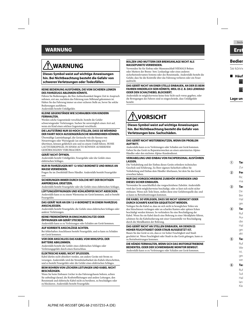 Vorsicht, Erst, Warnung | Bedien | Alpine IVE-W535BT User Manual | Page 20 / 164