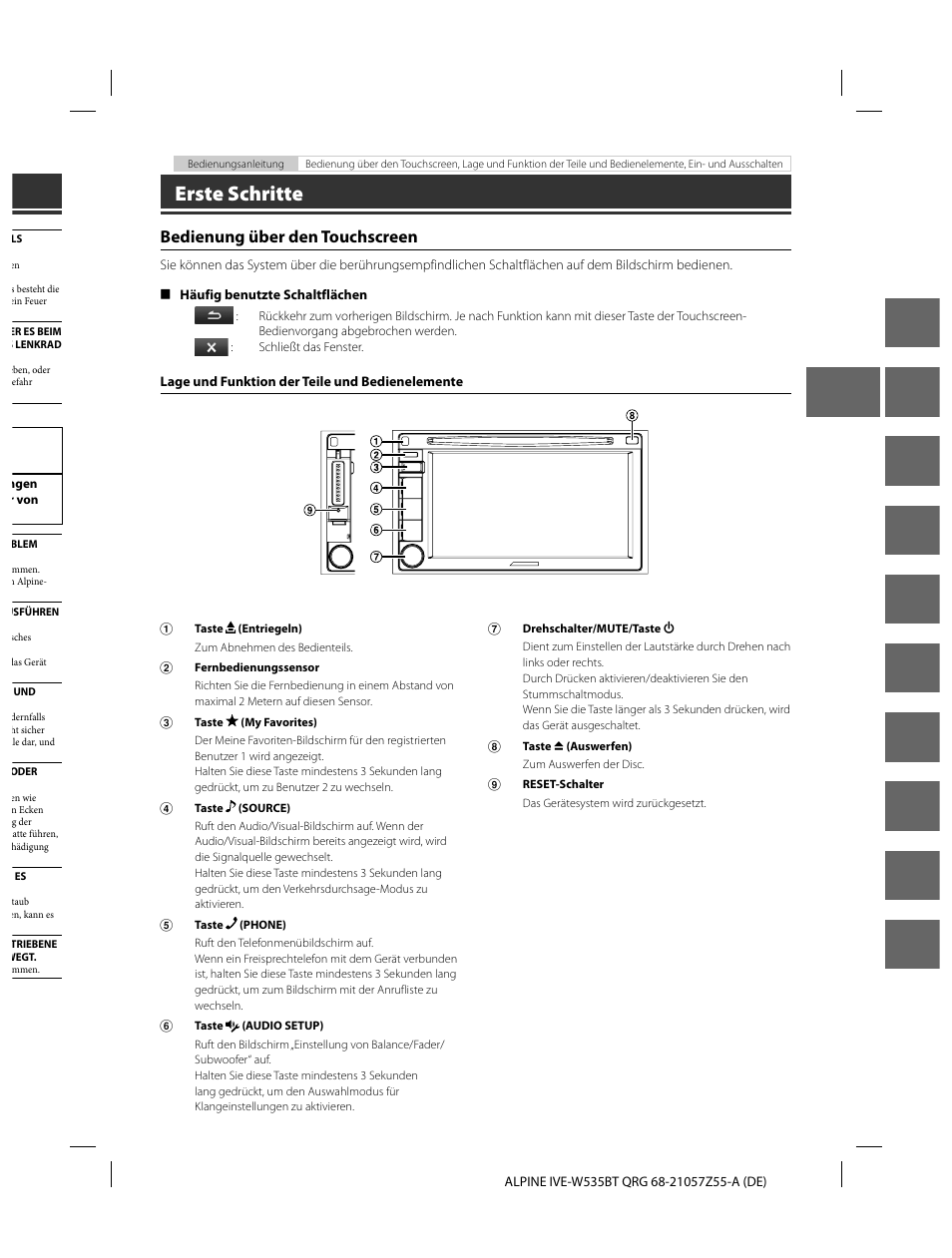 En de fr es it se nl ru pl gr, Erste schritte, Bedienung über den touchscreen | Alpine IVE-W535BT User Manual | Page 21 / 164