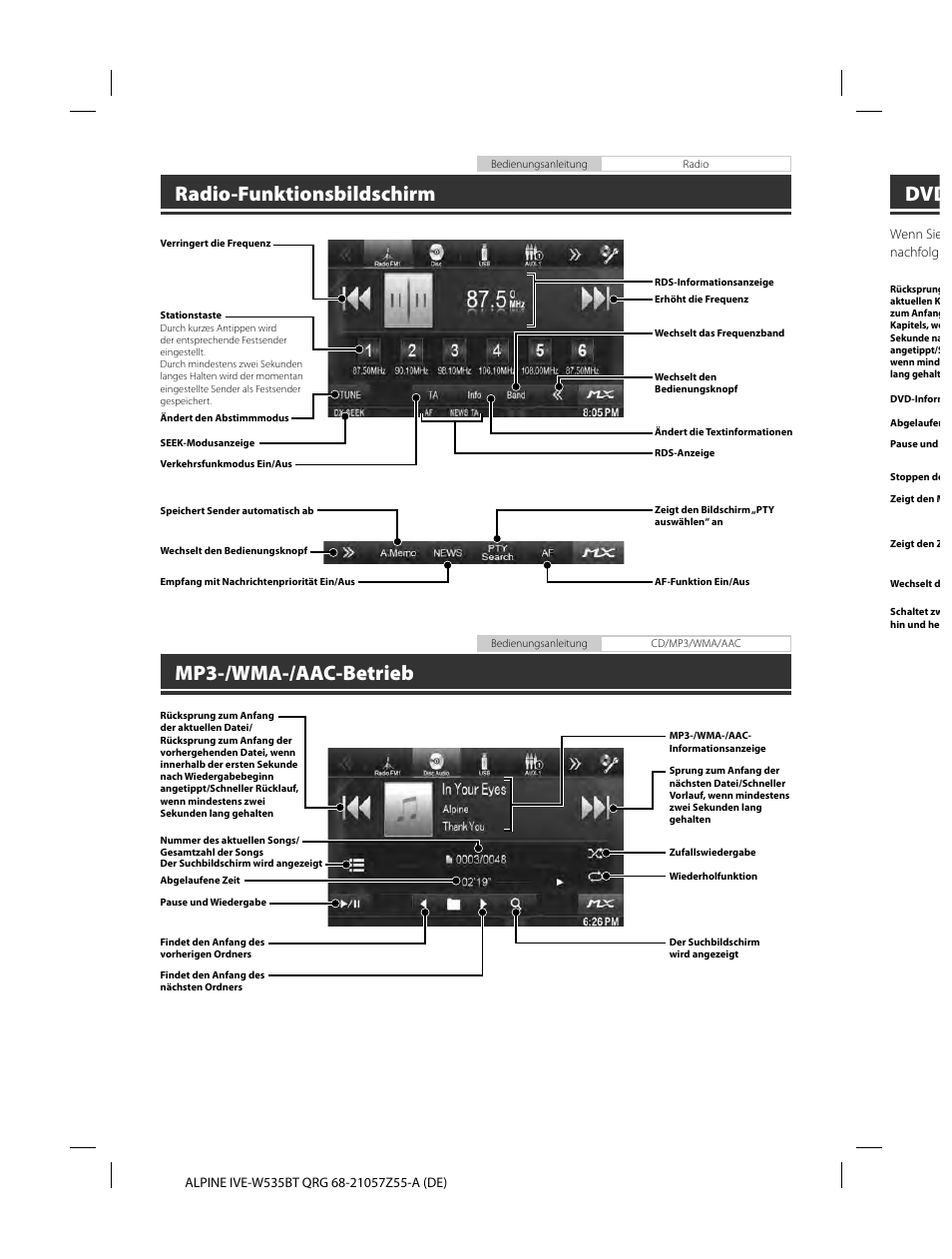Radio-funktionsbildschirm, Mp3-/wma-/aac-betrieb | Alpine IVE-W535BT User Manual | Page 24 / 164
