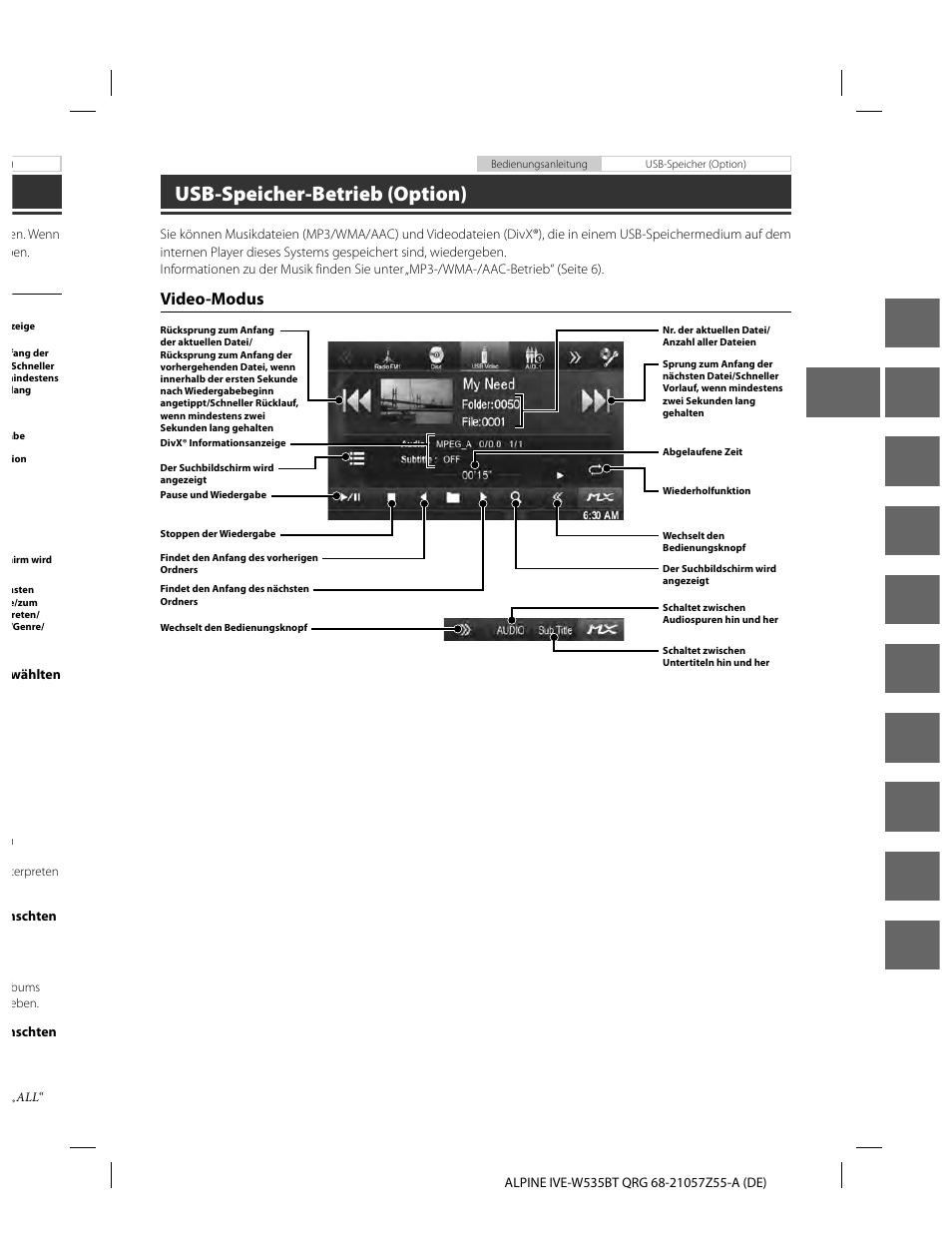 En de fr es it se nl ru pl gr, Usb-speicher-betrieb (option), Video-modus | Alpine IVE-W535BT User Manual | Page 27 / 164