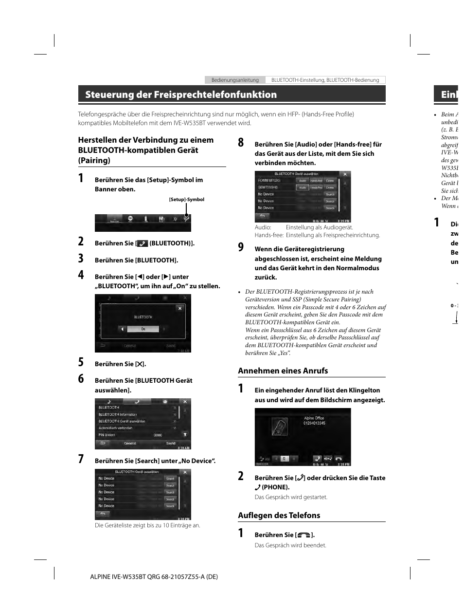 Steuerung der freisprechtelefonfunktion, Einb | Alpine IVE-W535BT User Manual | Page 28 / 164