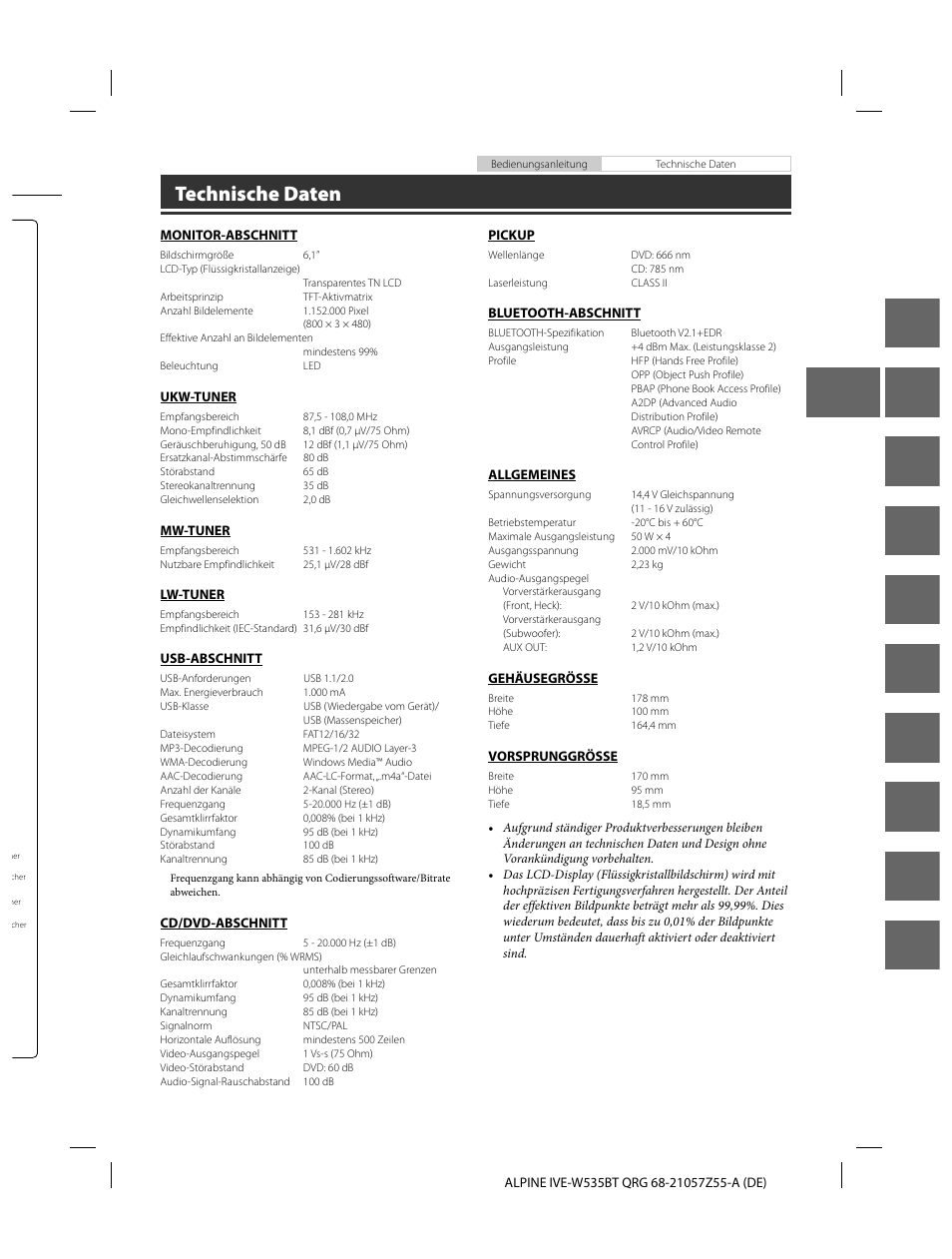 En de fr es it se nl ru pl gr, Technische daten | Alpine IVE-W535BT User Manual | Page 33 / 164