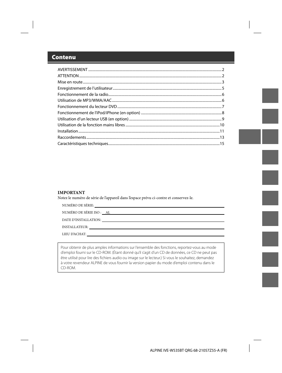 En de fr es it se nl ru pl gr, Contenu | Alpine IVE-W535BT User Manual | Page 35 / 164