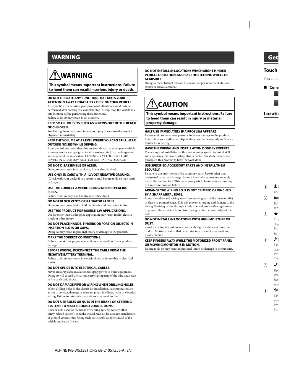 Caution, Gett, Warning | Touch, Locatio | Alpine IVE-W535BT User Manual | Page 4 / 164