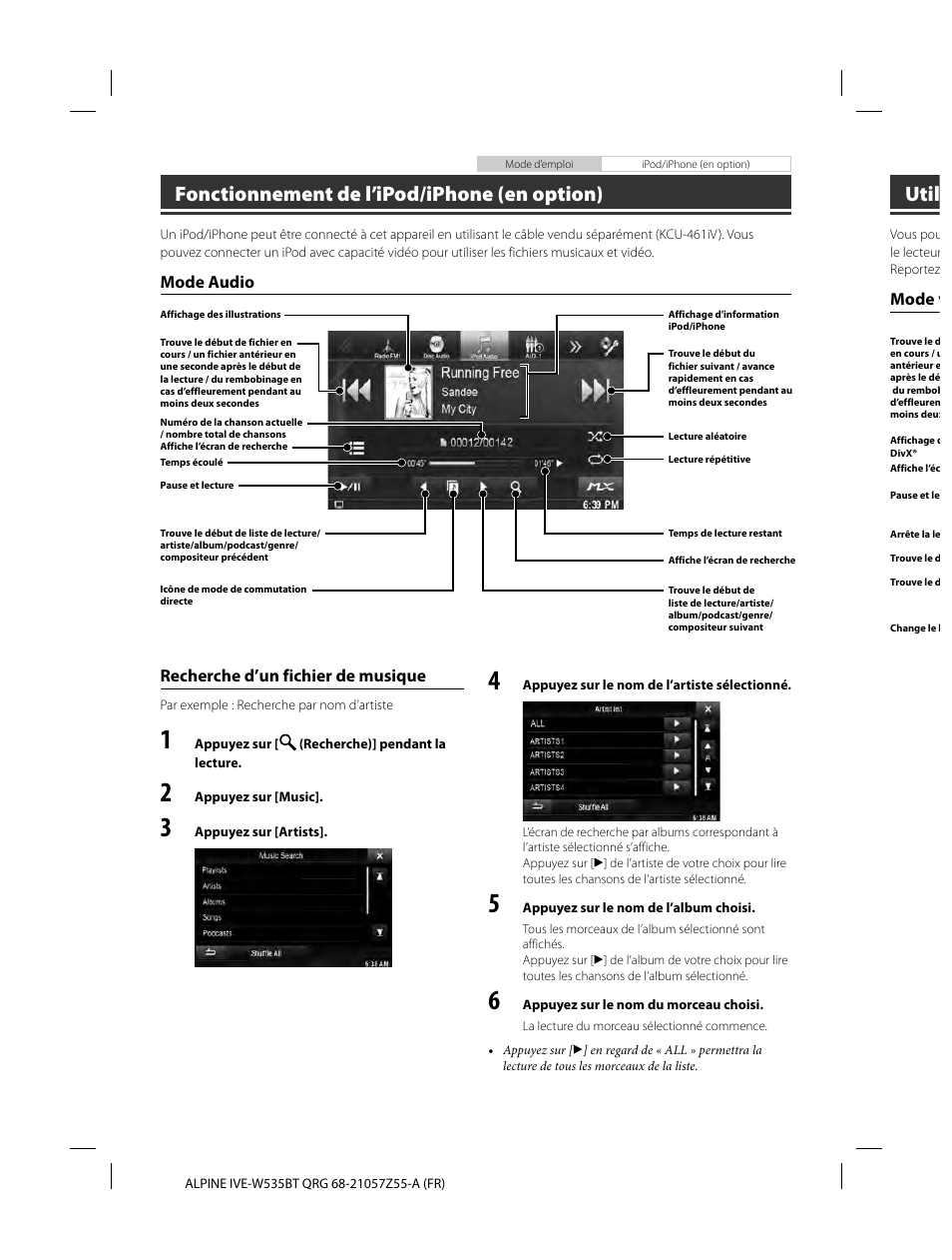 Fonctionnement de l’ipod/iphone (en option), Util | Alpine IVE-W535BT User Manual | Page 42 / 164