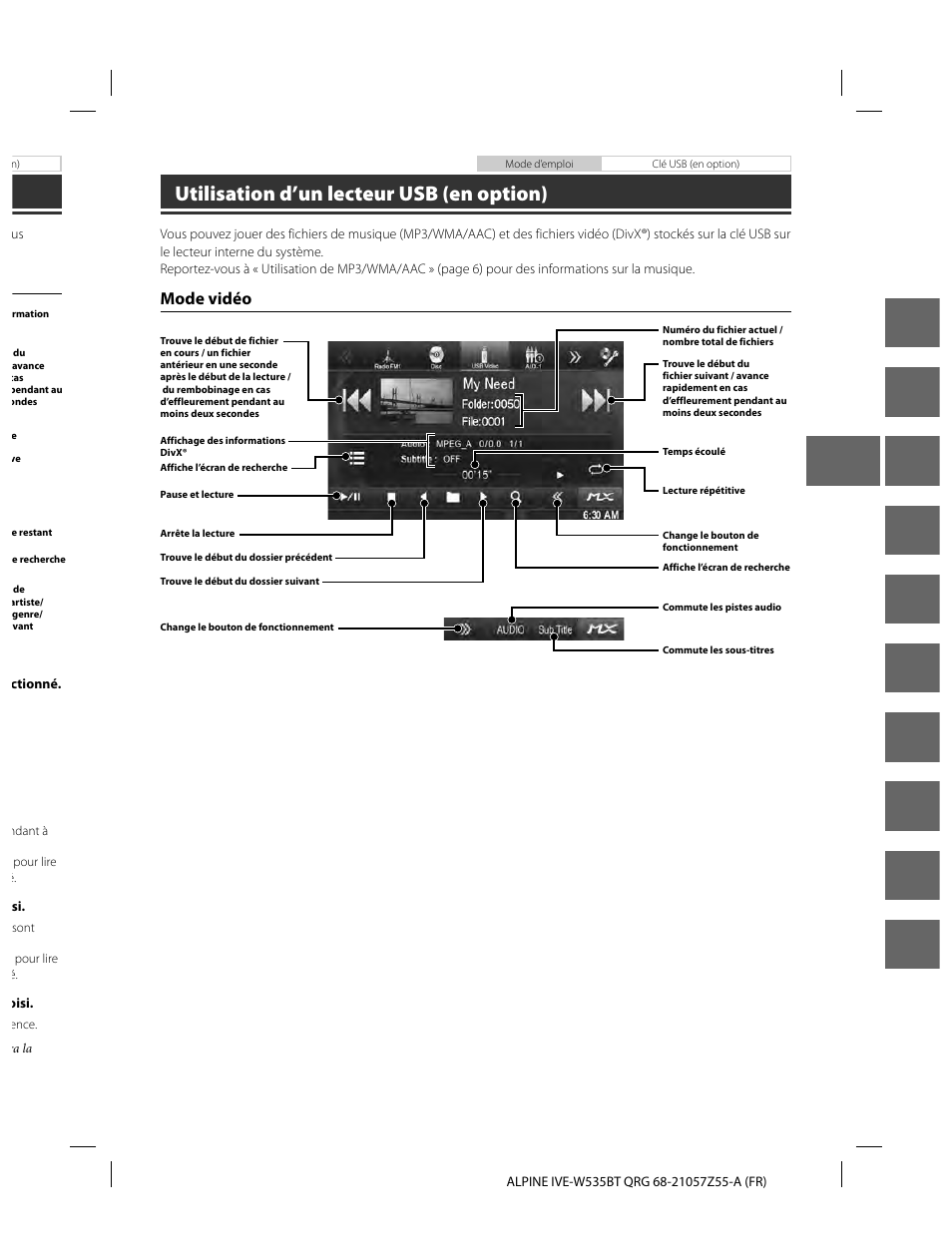 En de fr es it se nl ru pl gr, Utilisation d’un lecteur usb (en option), Mode vidéo | Alpine IVE-W535BT User Manual | Page 43 / 164