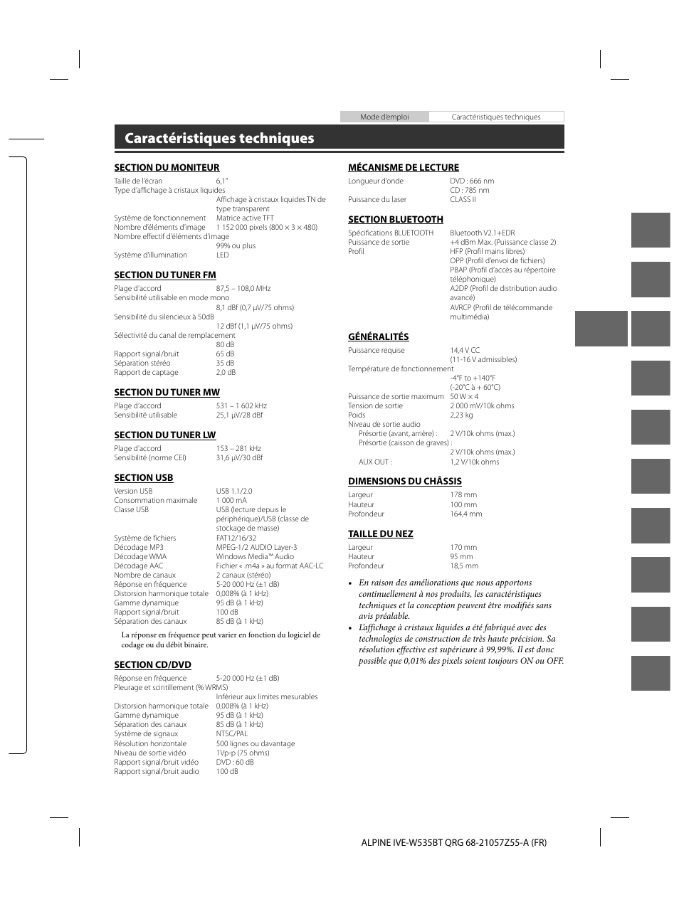 En de fr es it se nl ru pl gr, Caractéristiques techniques | Alpine IVE-W535BT User Manual | Page 49 / 164