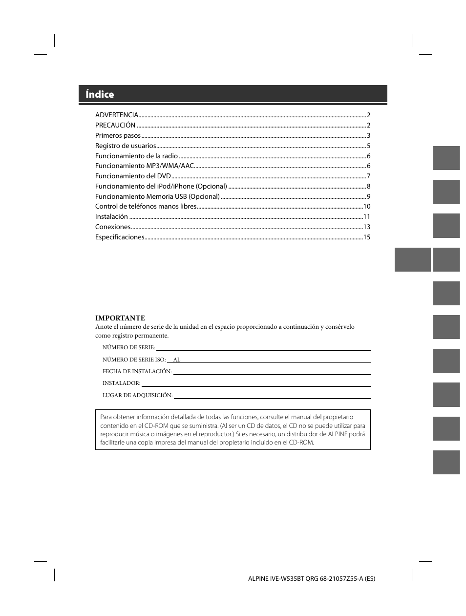 En de fr es it se nl ru pl gr, Índice | Alpine IVE-W535BT User Manual | Page 51 / 164