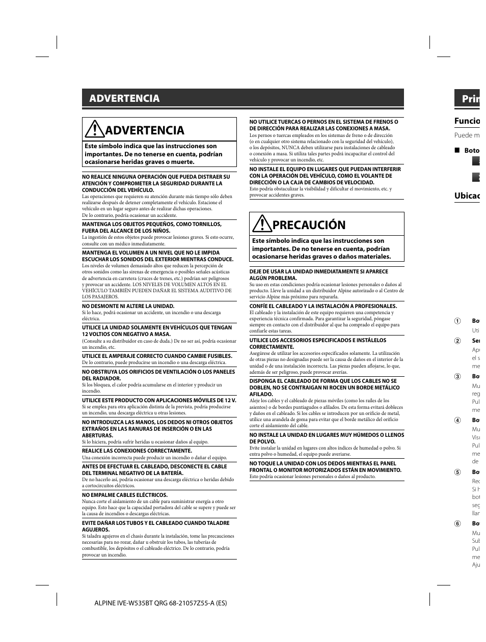 Precaución, Prim, Advertencia | Funcio, Ubicac | Alpine IVE-W535BT User Manual | Page 52 / 164