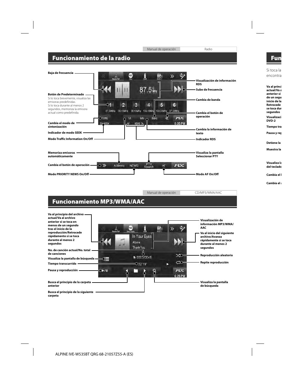 Funcionamiento de la radio, Funcionamiento mp3/wma/aac | Alpine IVE-W535BT User Manual | Page 56 / 164