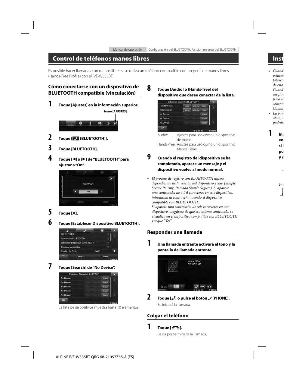 Control de teléfonos manos libres, Inst | Alpine IVE-W535BT User Manual | Page 60 / 164