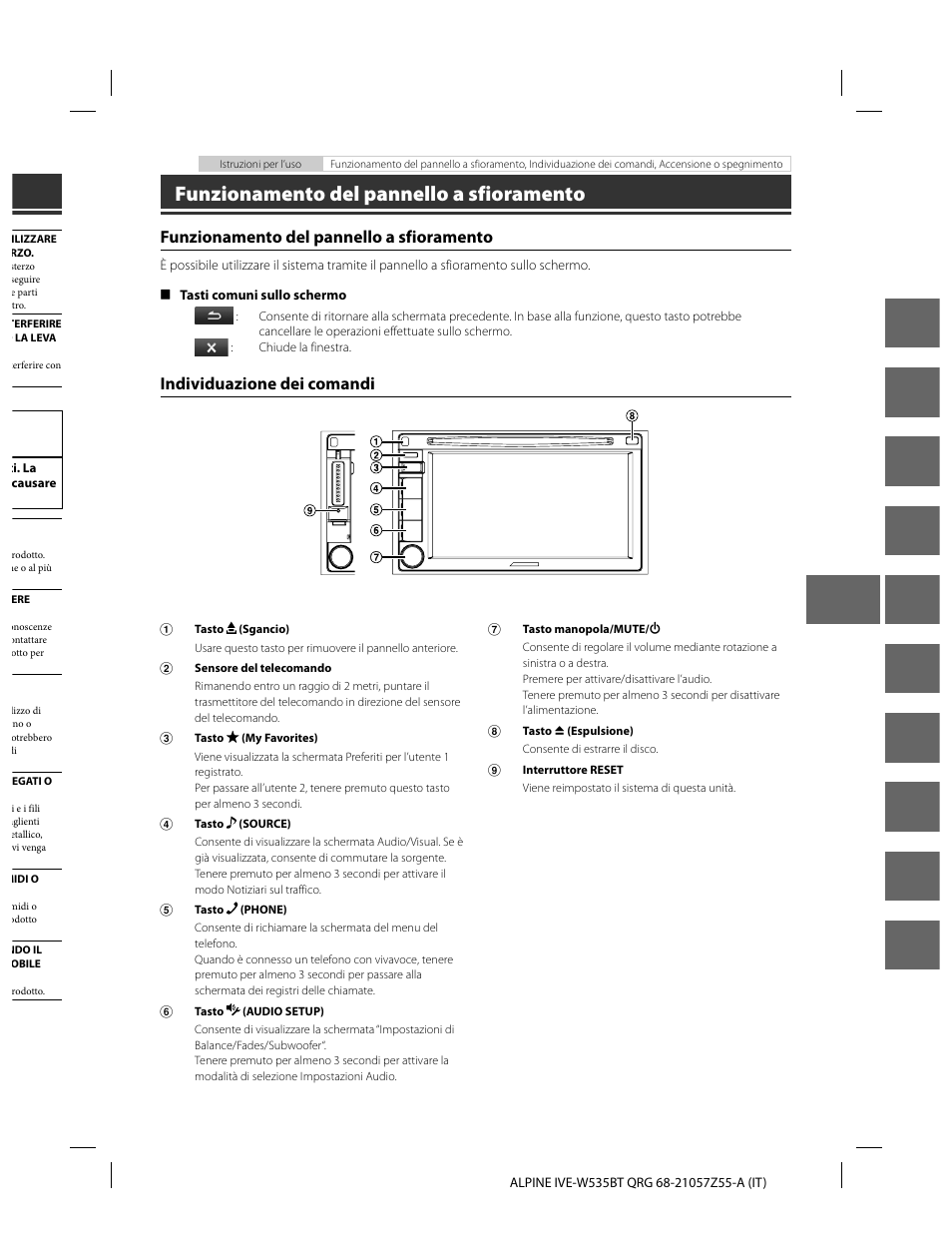 En de fr es it se nl ru pl gr, Funzionamento del pannello a sfioramento, Individuazione dei comandi | Alpine IVE-W535BT User Manual | Page 69 / 164