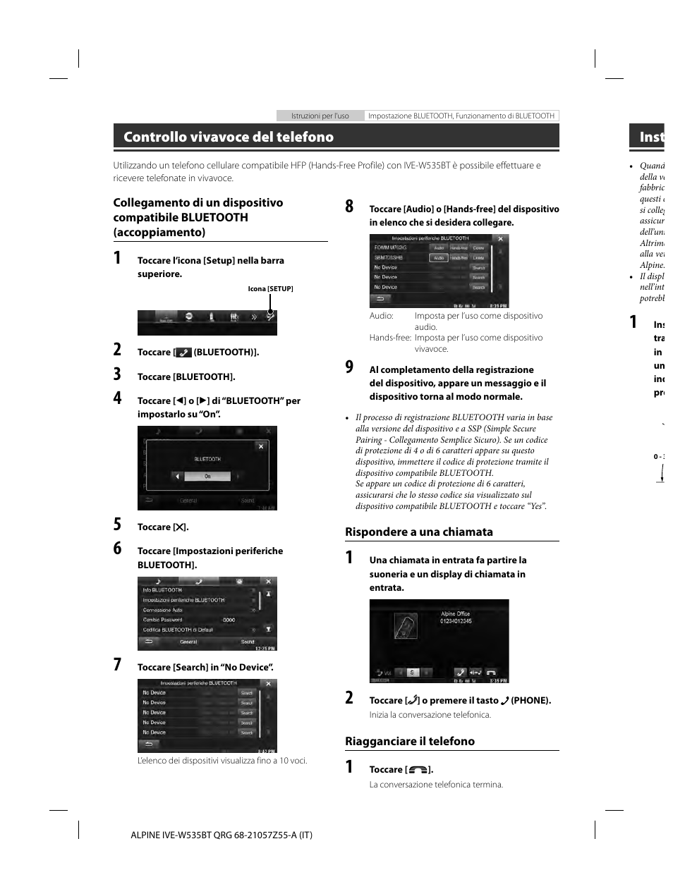 Controllo vivavoce del telefono, Inst | Alpine IVE-W535BT User Manual | Page 76 / 164