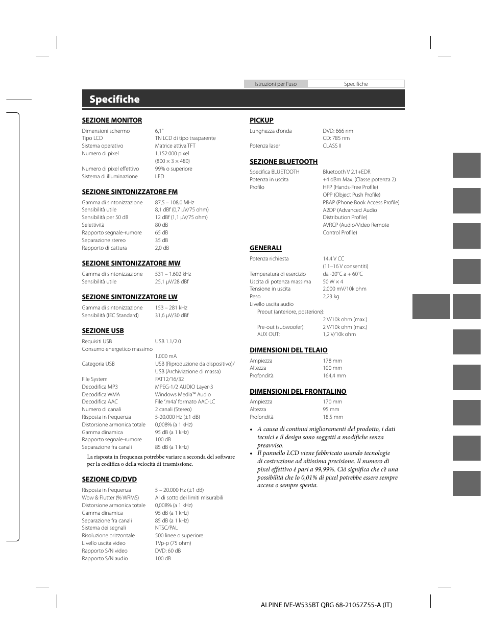 En de fr es it se nl ru pl gr, Specifiche | Alpine IVE-W535BT User Manual | Page 81 / 164