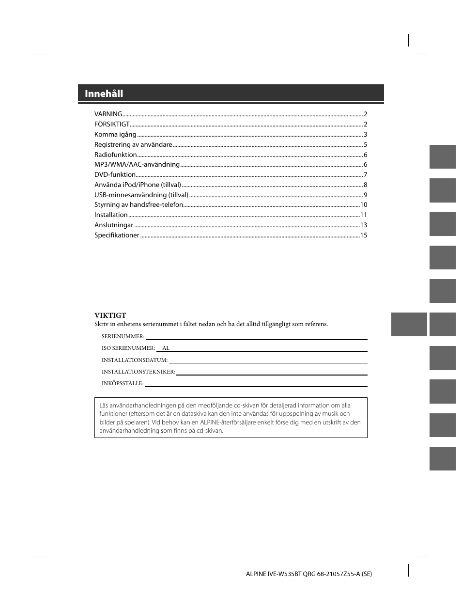 En de fr es it se nl ru pl gr, Innehåll | Alpine IVE-W535BT User Manual | Page 83 / 164