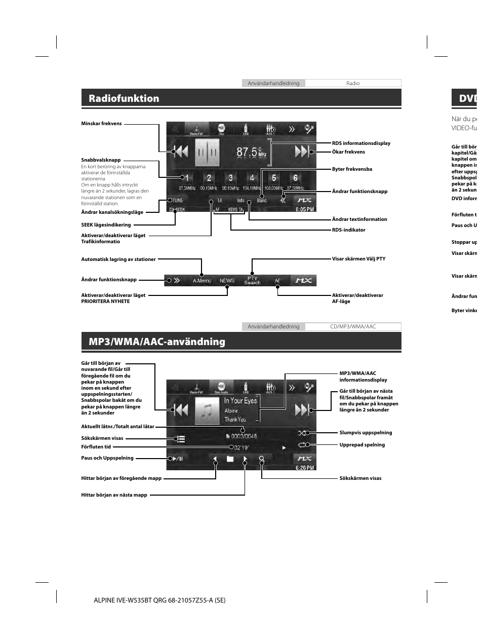 Radiofunktion, Mp3/wma/aac-användning | Alpine IVE-W535BT User Manual | Page 88 / 164