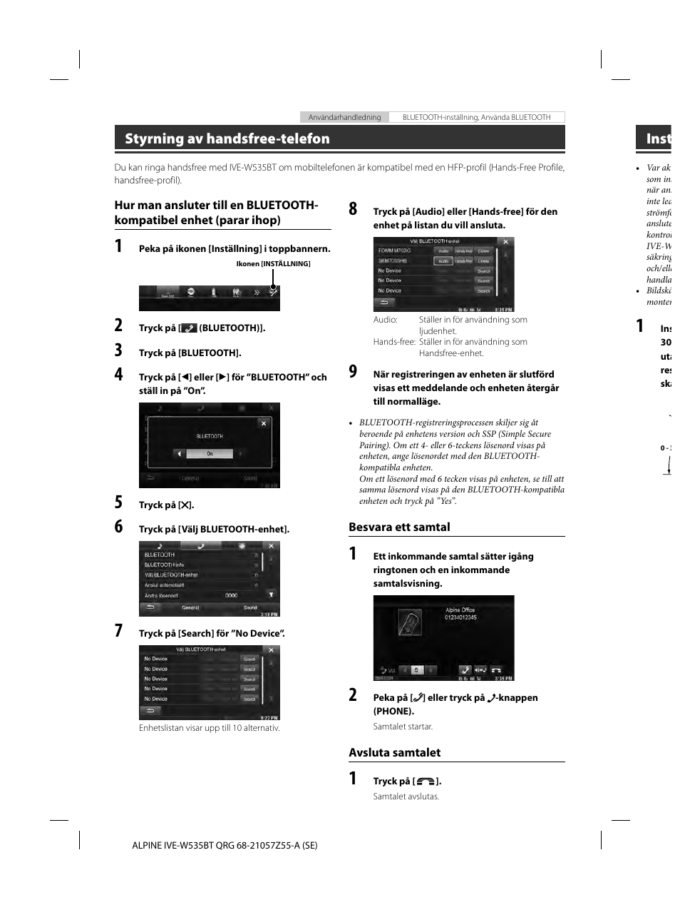 Styrning av handsfree-telefon, Inst | Alpine IVE-W535BT User Manual | Page 92 / 164