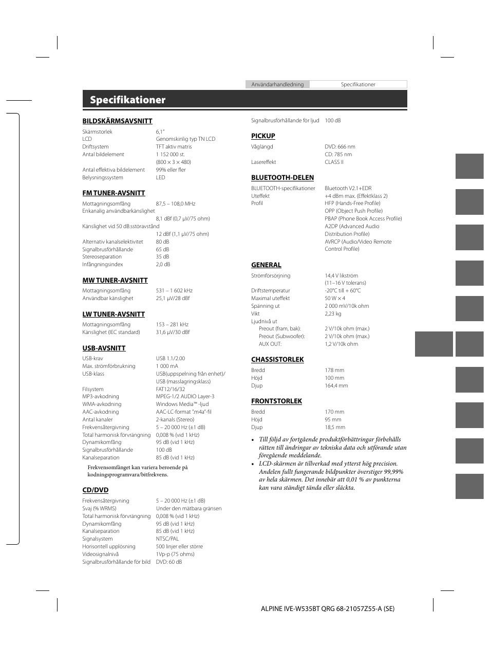 En de fr es it se nl ru pl gr, Specifikationer | Alpine IVE-W535BT User Manual | Page 97 / 164