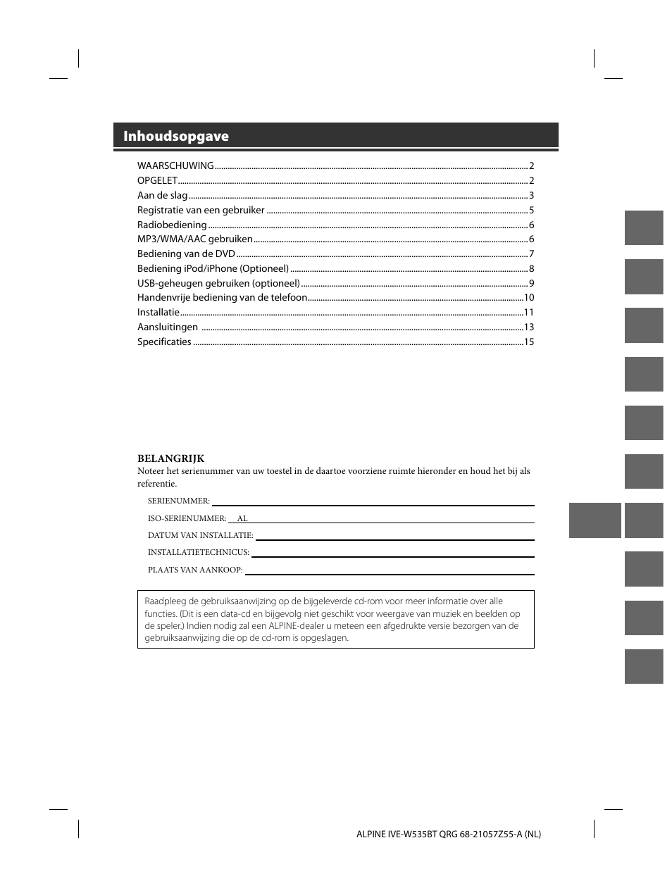 En de fr es it se nl ru pl gr, Inhoudsopgave | Alpine IVE-W535BT User Manual | Page 99 / 164