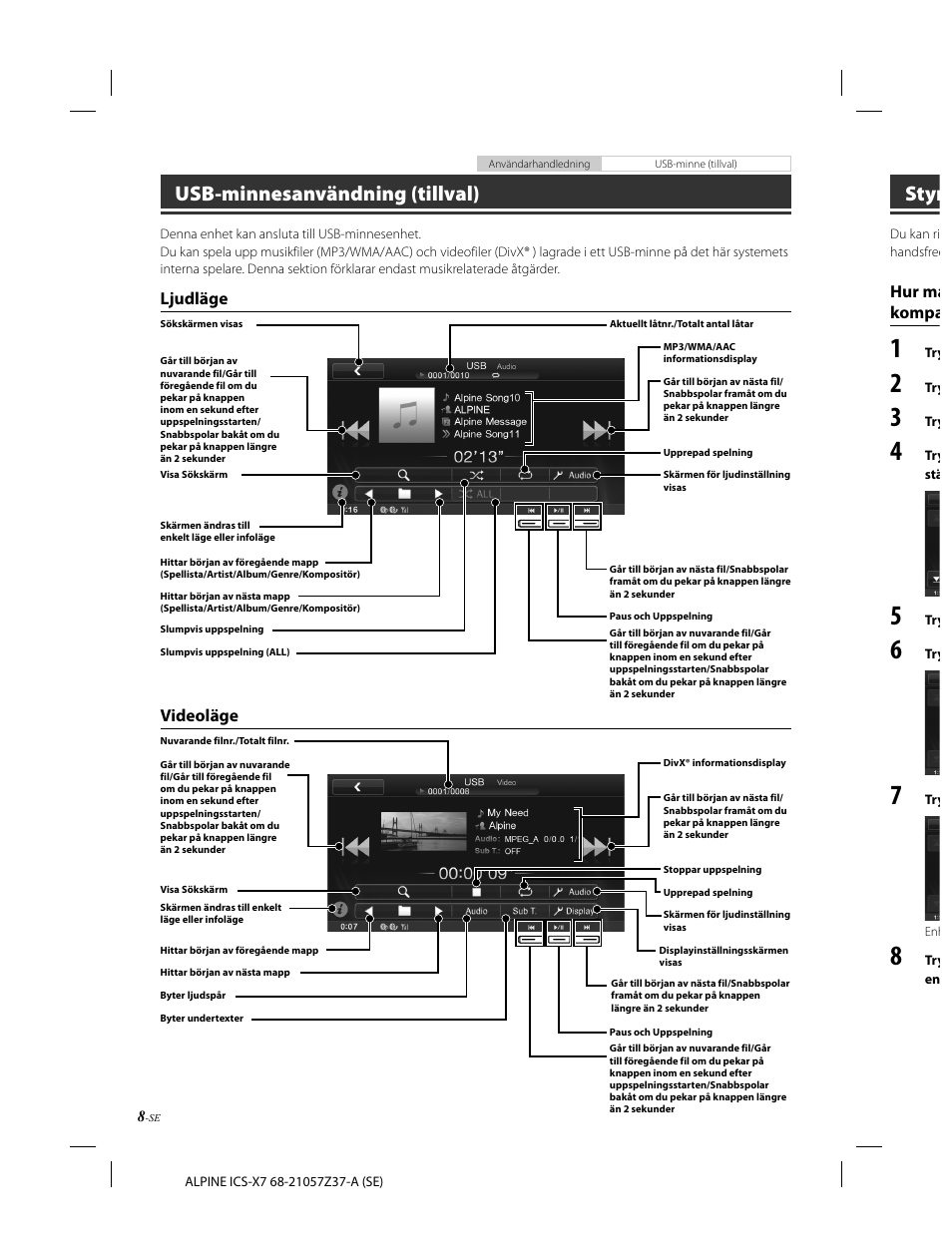 Usb-minnesanvändning (tillval), Styr | Alpine ICS-X7 User Manual | Page 100 / 164