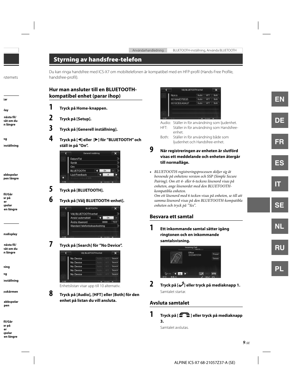 En de fr es it se nl ru pl, Styrning av handsfree-telefon | Alpine ICS-X7 User Manual | Page 101 / 164