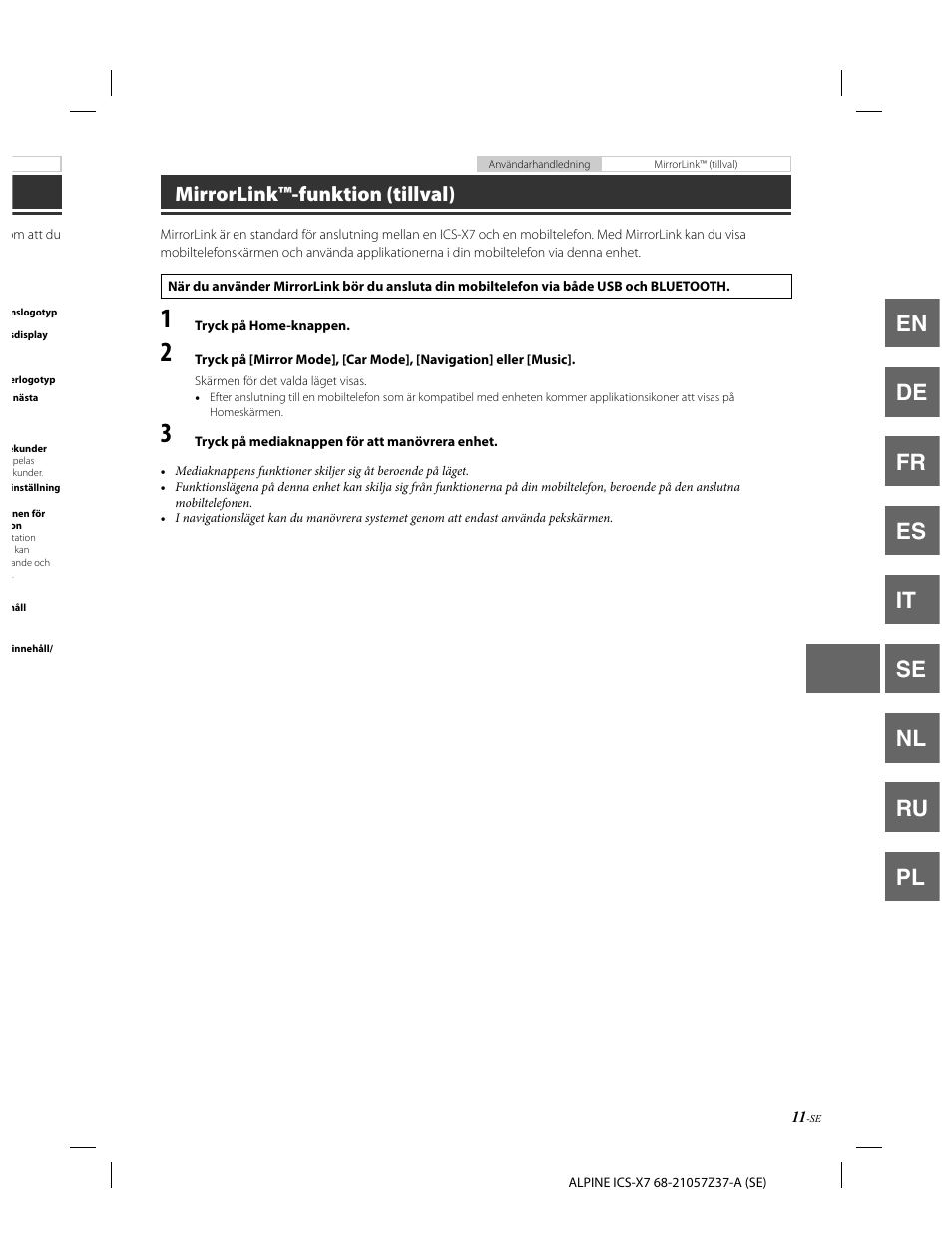 En de fr es it se nl ru pl, Mirrorlink™-funktion (tillval) | Alpine ICS-X7 User Manual | Page 103 / 164