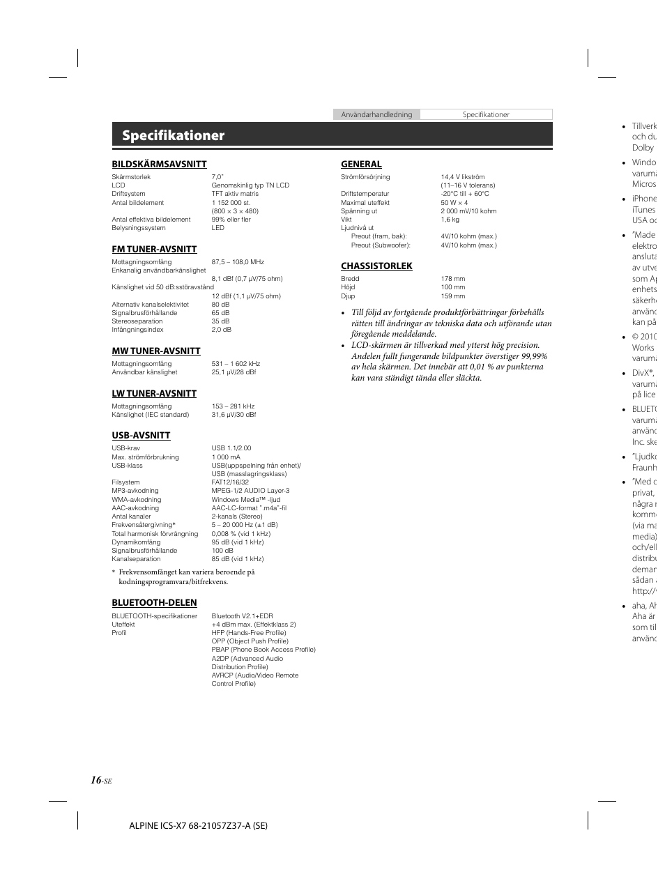 Specifikationer | Alpine ICS-X7 User Manual | Page 108 / 164